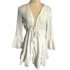 Hers & Mine  Womens S Cotton Ivory Swiss Dot Tassel Crochet Lining Mini Dress